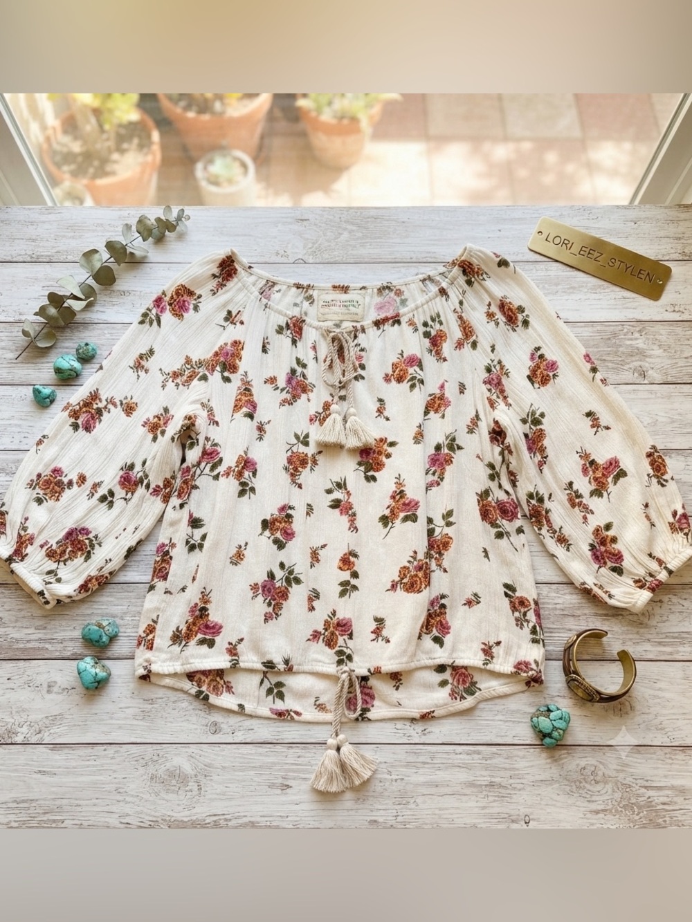 Ralph Lauren Cream Floral Peasant Blouse with Tassel Tie